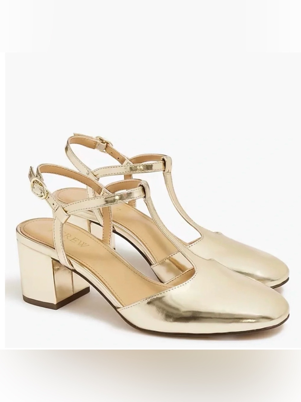 J. Crew Metallic Gold T‑Strap Block Heel Sandals